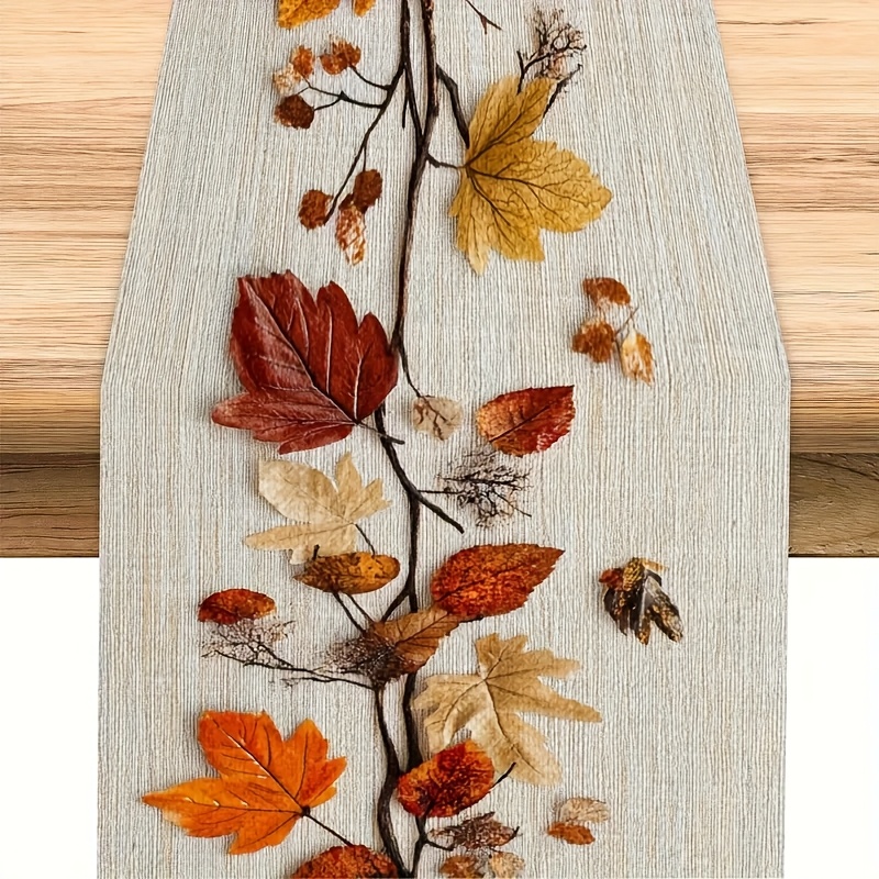 

Table Runner, Fall Foliage Design, 100% Polyester Woven Rectangular Tablecloth, For Holiday Party, Kitchen, Fireplace, Dining Room Decor, Farmhouse Home Decoration