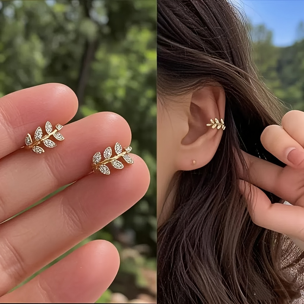 Women's No-Piercing Ear Clips - Adjustable non-piercing earring clips with Rhinestone-Like Leaf Design, KC Golden Plated Elegant Ear Jewelry for Everyday & Formal Events, Secure Clip-On Earrings for Non-Pierced Ears, Clip Earrings, Vacation Wear, Fairy Forest Style, Highend Finish, Fashion Accessories