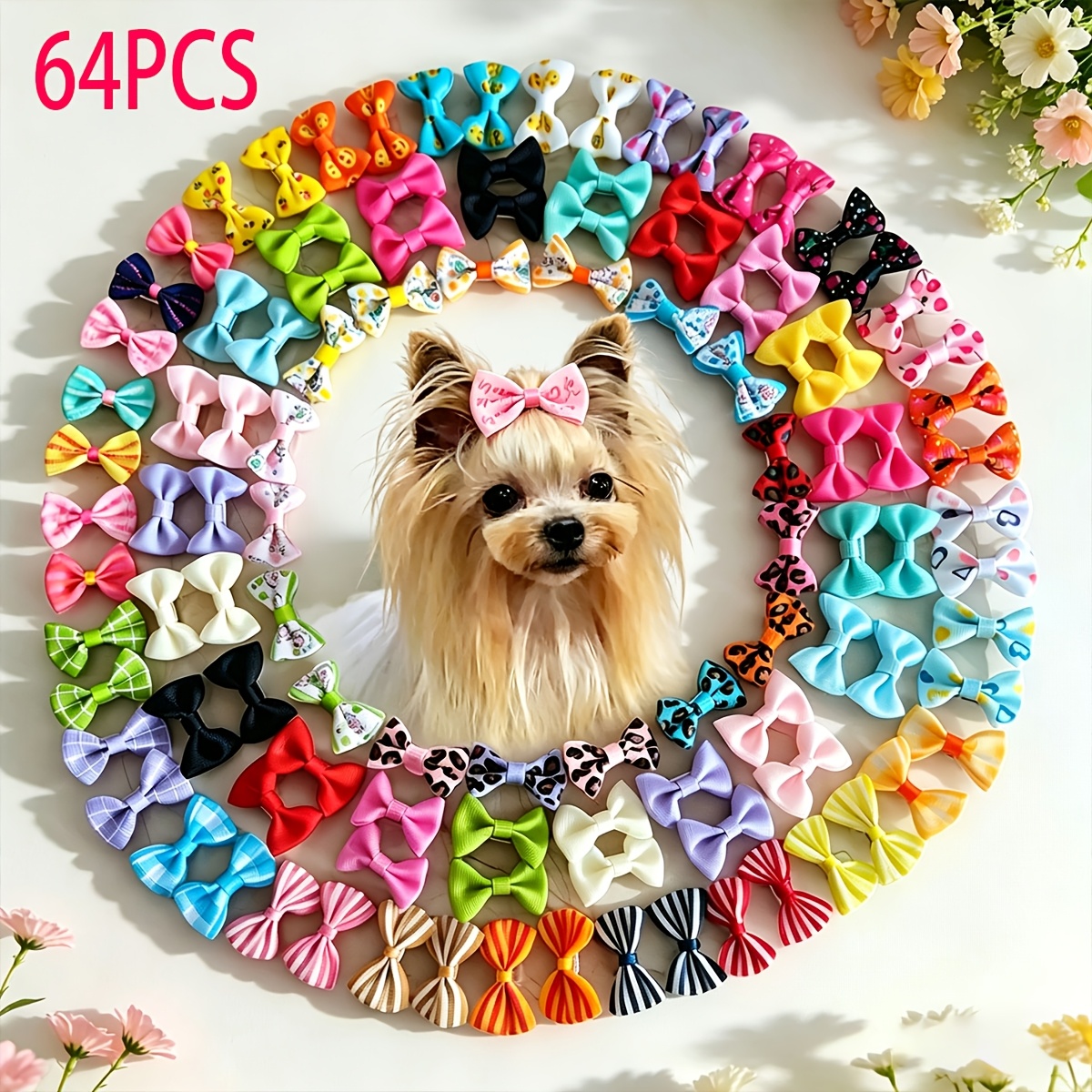 TEMU 64pcs Fashionable And Bow Hair Clips For Cats And Dogs, Random Color And Pattern, Dog Head Accessories, Pet Supplies