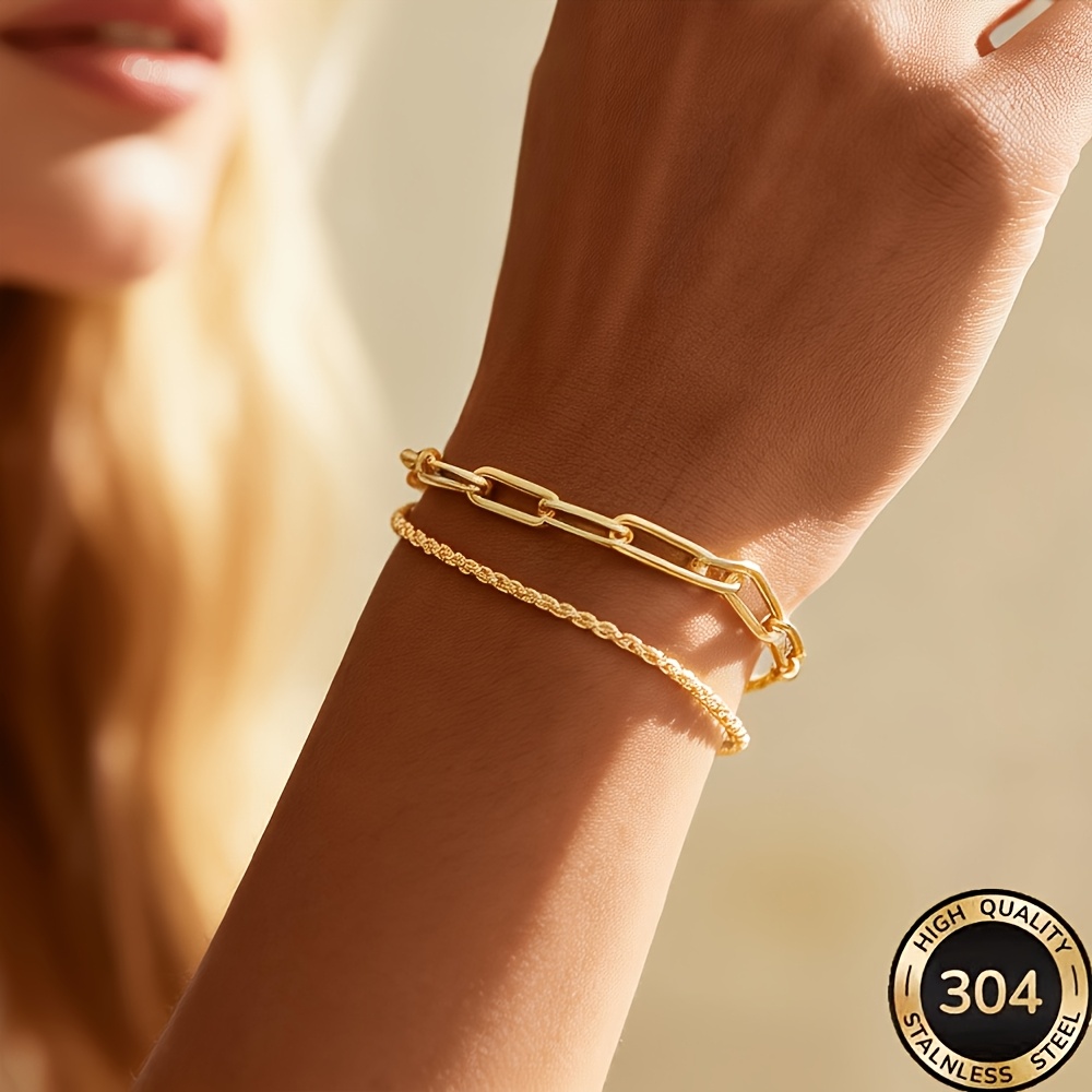 TEMU 2pcs Women's Bracelet, 304 Stainless Steel Stackable Layered Bracelet Set, Anti-tarnish And Hypoallergenic Paperclip Chain And Rope Chain
