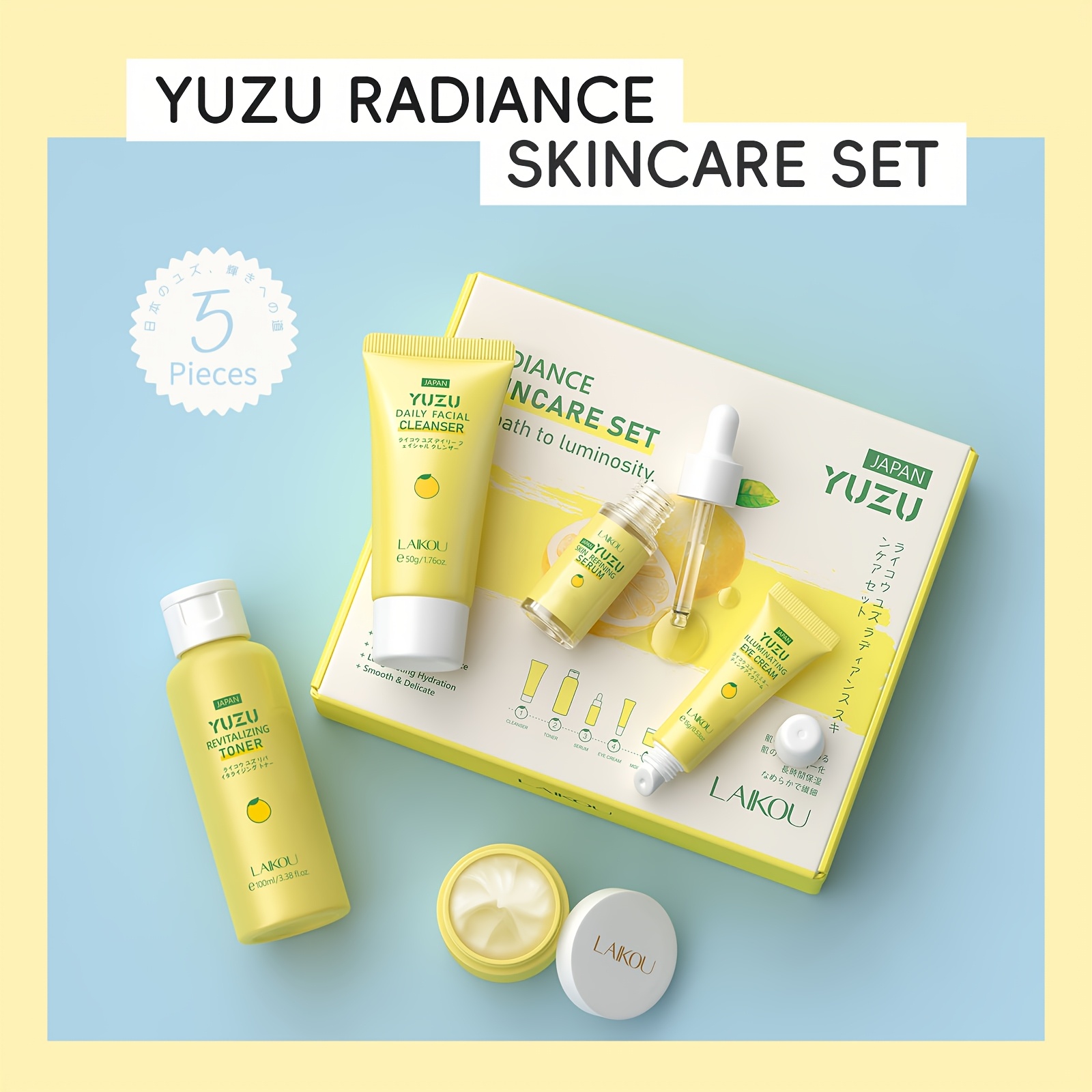LAIKOU YUZU Njega lica svijetlo bež set od 5 komada, dnevna i noćna hidratantna krema 0.88oz, čistač 1.76oz, tonik 3.38fl.oz, krema za oči 0.53oz, serum 0.59fl.oz, s vitaminom C i niacinamidom – idealan rođendanski poklon za djevojku, sestru, majku