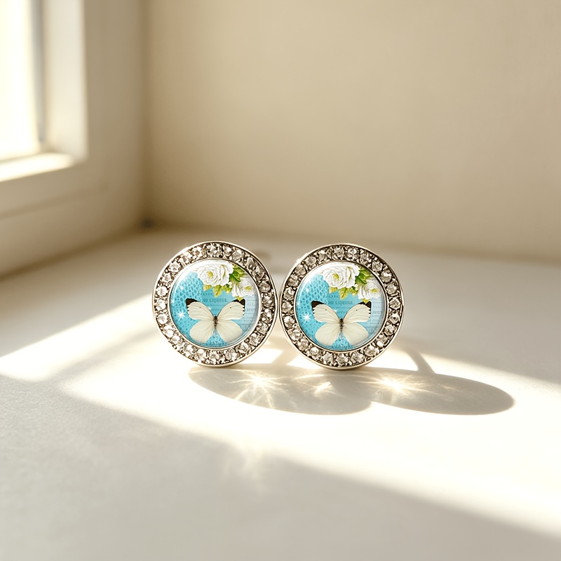 2pcs White Glass Classic Imitation Crystal Butterfly Stud Earrings