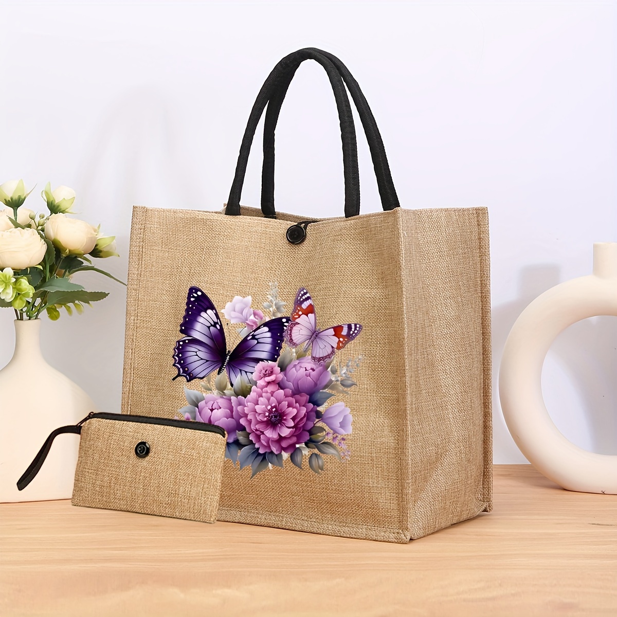 TEMU 2pcs Polyester Material Large Tote Bag Makeup Bag, Pattern Bag For Use