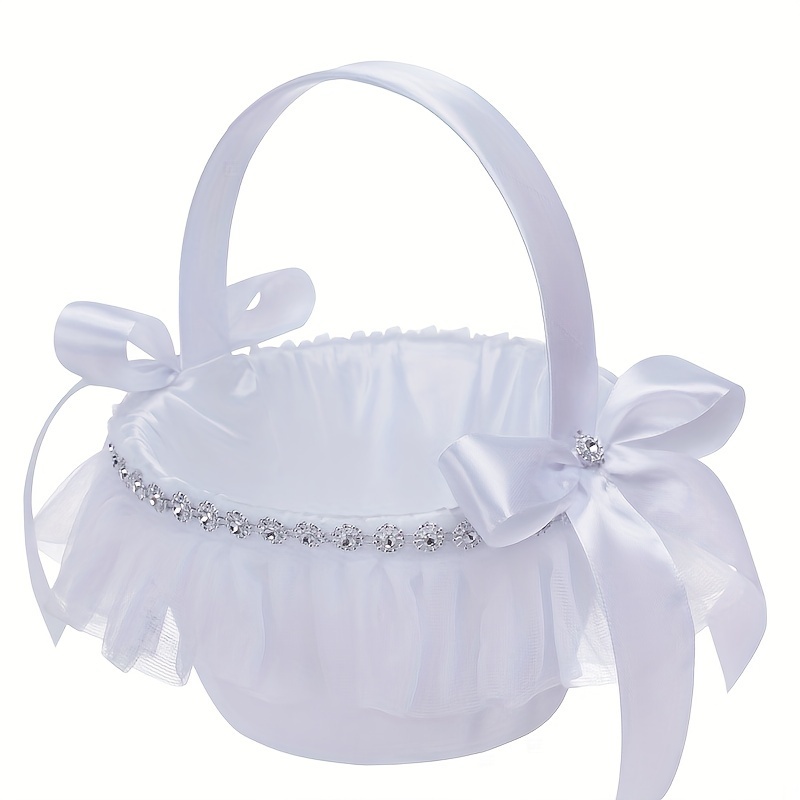 TEMU Satin And Lace Flower Girl Basket For Wedding Ceremony, Bridal Party Elegant White Floral Basket With Rhinestone Decor