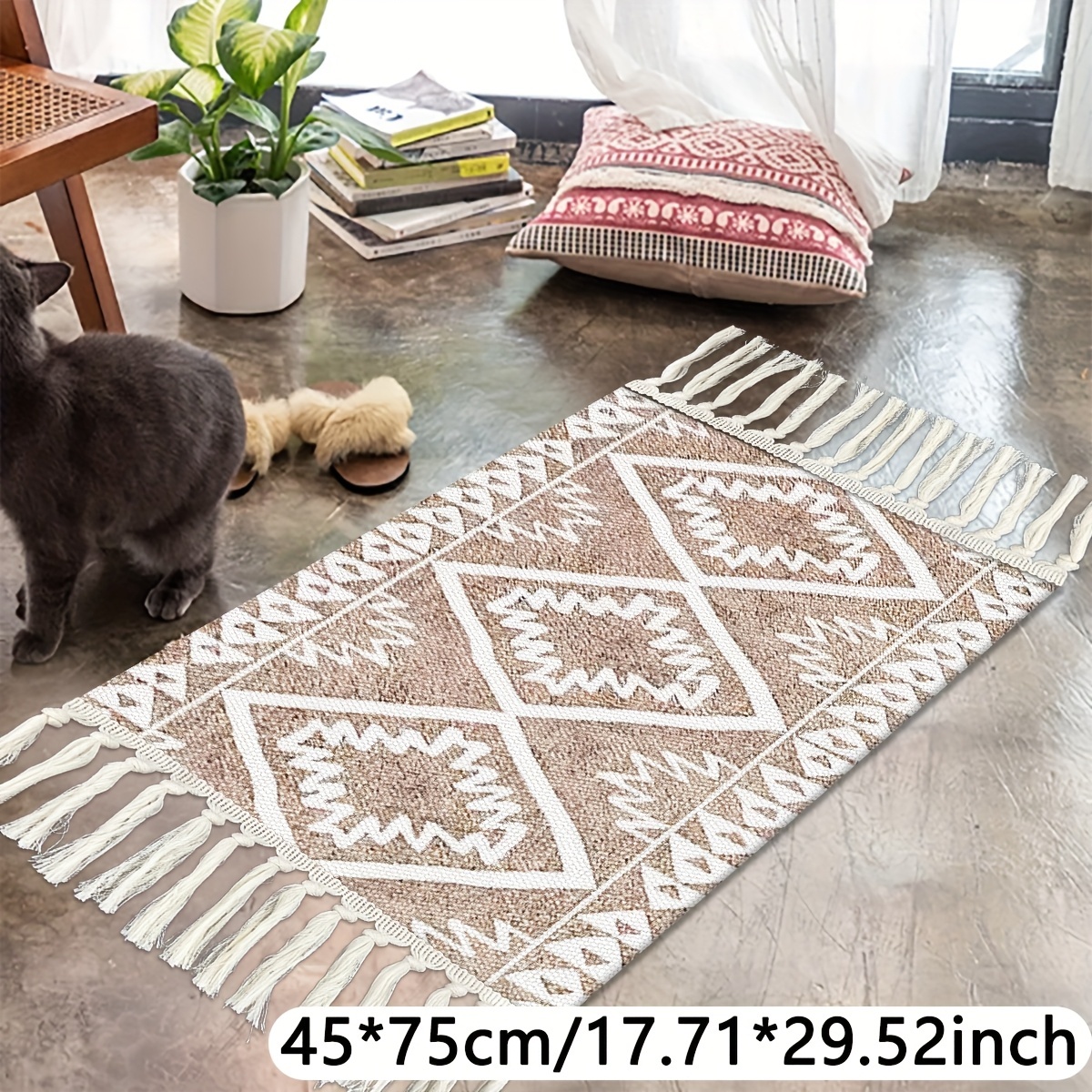 TEMU 1pc Beige Bohemian Tassel Woven Rug, Brown White Geometric Stripes, Moroccan - Style, Material Woven Mat, Handcrafted Tassel Trim, Living Room