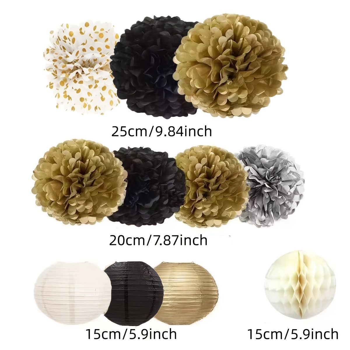 TEMU Black Decor 11pcs Paper Lantern Tissue Pom Poms Black And Golden Hanging Backdrop Decor For Graduation New Year's Eve Men's Birthday Christmas