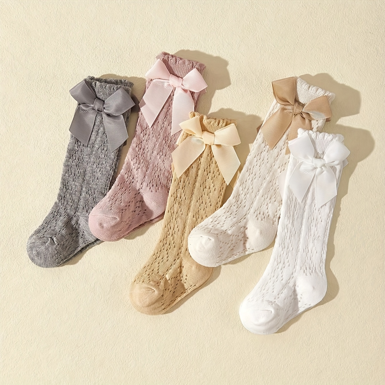 E-shop 5 Paar Kindersocken, dünne atmungsaktive Netzsocken für Babys mit Schleife, hohe Spitzen-Wadenstulpen, niedliche, weite Wadenstrümpfe