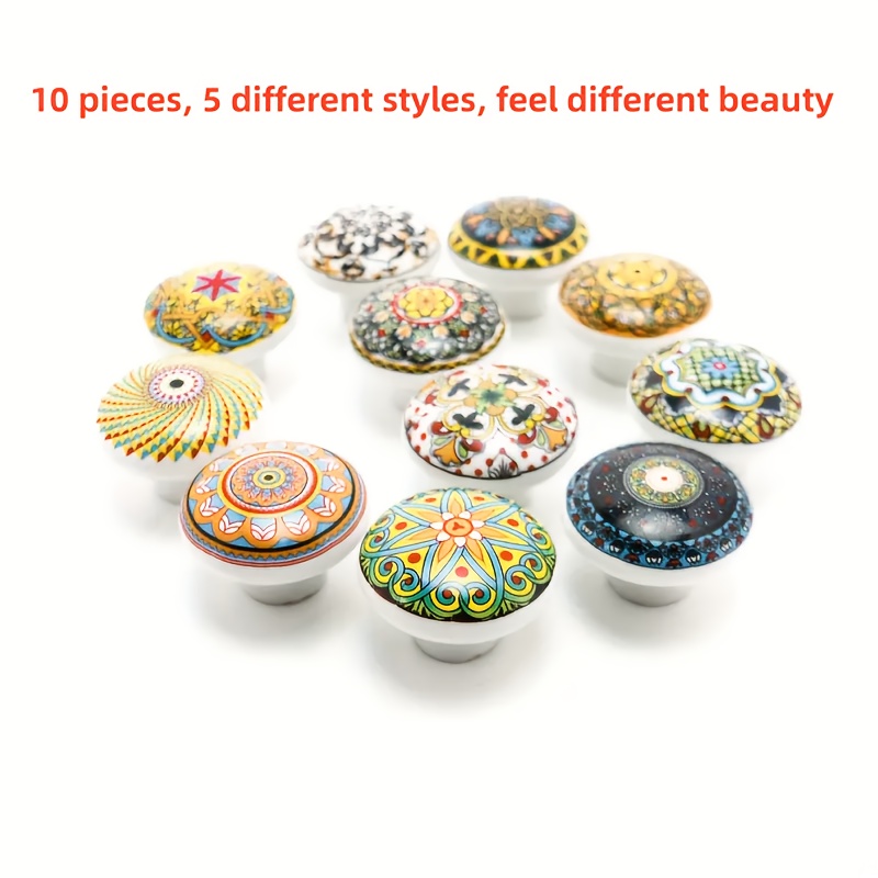 Image of 10pcs Assorted Bohemian Round Ceramic Cabinet Handles - Vintage Style Finish, Modern Home Decor, Includes Screws, For Drawers, Accessories
