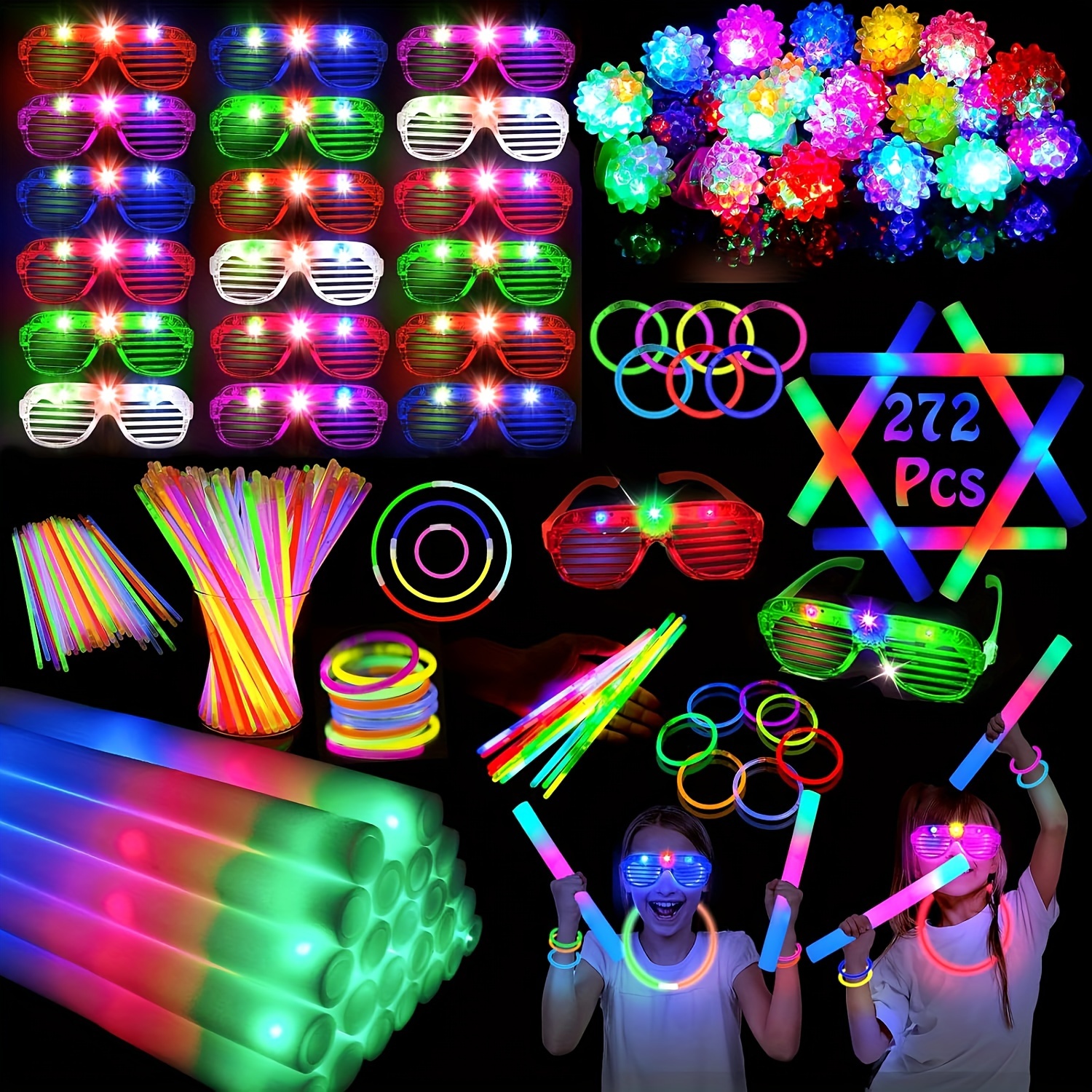 

Mezhobby 272pcs Glow In The Dark Party Supplies, Glow Sticks Bulk Party Pack, 24pcs Foam Glow Sticks, 24pcs Led Glasses, 24pcs Led Light Up Rings And 200pcs Glow Sticks For Neon Party Decorations