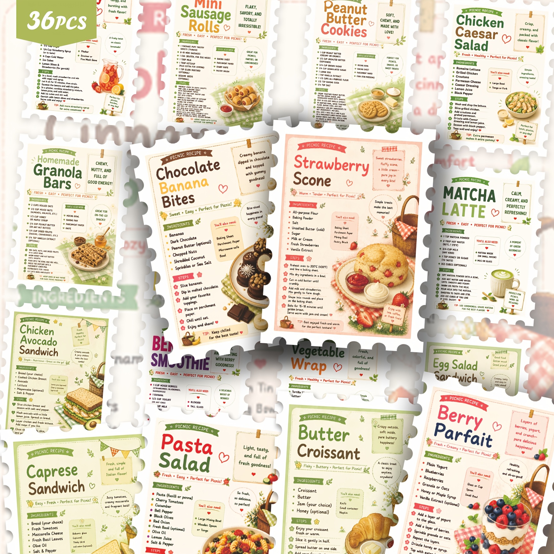 TEMU 36pcs Picnic Recipe Menu Decorative Sticker Set For Laptops, Soft-tone Prints With Light Meals, Desserts, And Beverage Layouts, Suitable For