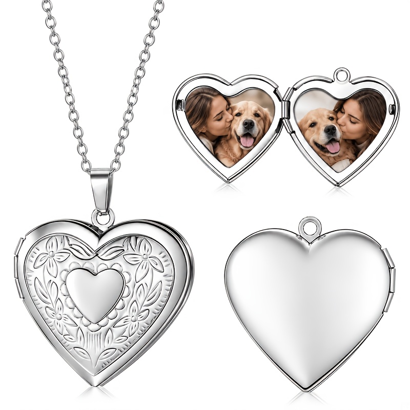 TEMU Custom Stainless Steel Vintage Floral Heart Photo Pendant Necklace, To Hold 1-2 Photos, Ideal For Couples, Pets, Family Memories, Creative Gift,