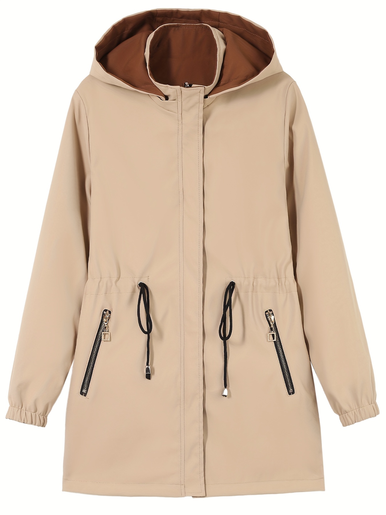Chaqueta Elegante con Capucha de Longitud Media para Mujer - Abrigo Reversible a Prueba de Viento con Cintura Ajustable y Bolsillos con Cremallera, Ropa Casual de Color Sólido para Primavera/Otoño, Sudadera con Cordón, Diseño Estructurado - Imagen 10