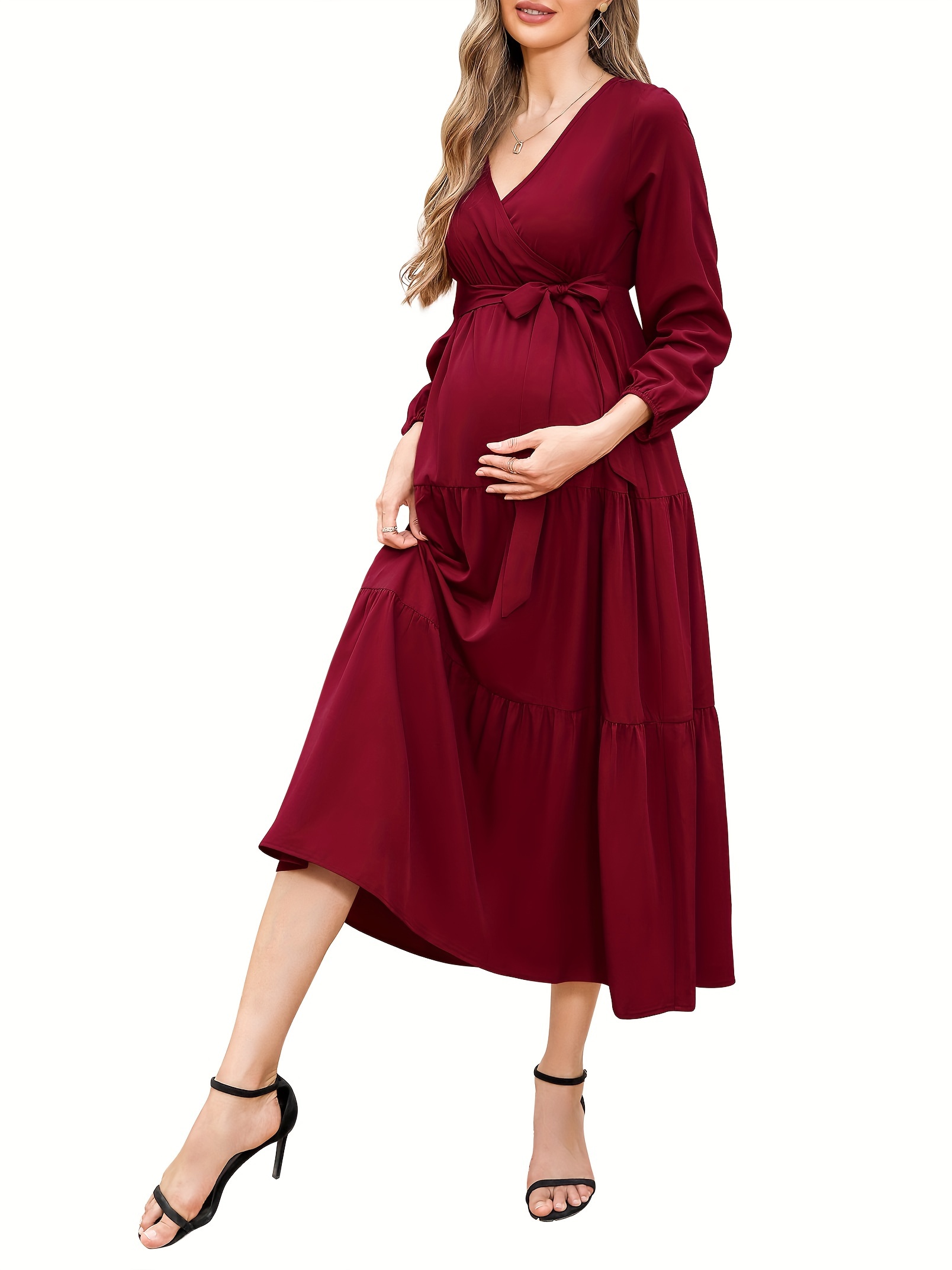 maternity dress womens v neck long sleeve pleated maternity - Temu
