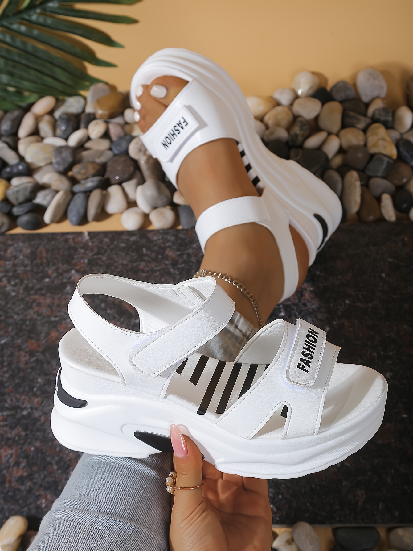 Women's Platform Wedge Sandals - Striped Synthetic Cover Open-Toe Beach Shoes with Adjustable Hook-and-Loop Back Strap, Thick Cushioned Sole for All-Season Casual & Formal Wear, Ladies Sandals
