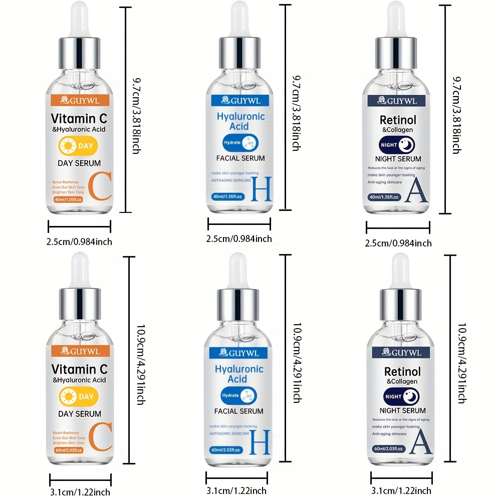 Le coffret 3 pièces de Guywl comprend des sérum de vitamine C, de rétinol et d'acide hyaluronique jour et nuit, associés au collagène, à l'acide tranexamique et à la niacinamide. Il éclaire le teint, raffermit la peau, hydrate en profondeur et uniformise le teint.