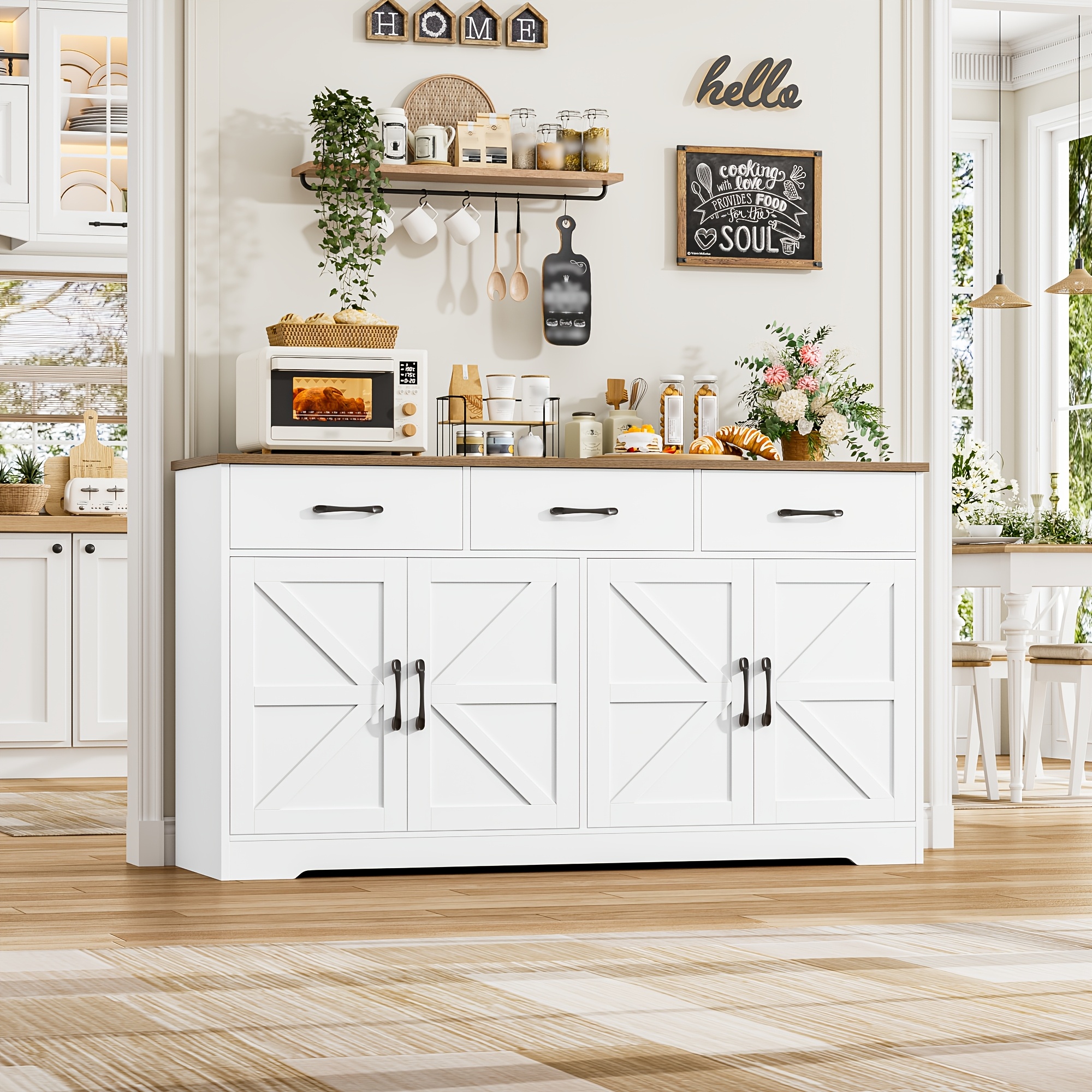 Image of Kealive Kitchen Sideboard, 150 Cm Kitchen Pantry Sideboard With 3 Drawers And , Kitchen Pantry With Adjustable Shelves For Living Room, Dining Room, Entrance Hall, Living Room, White/black