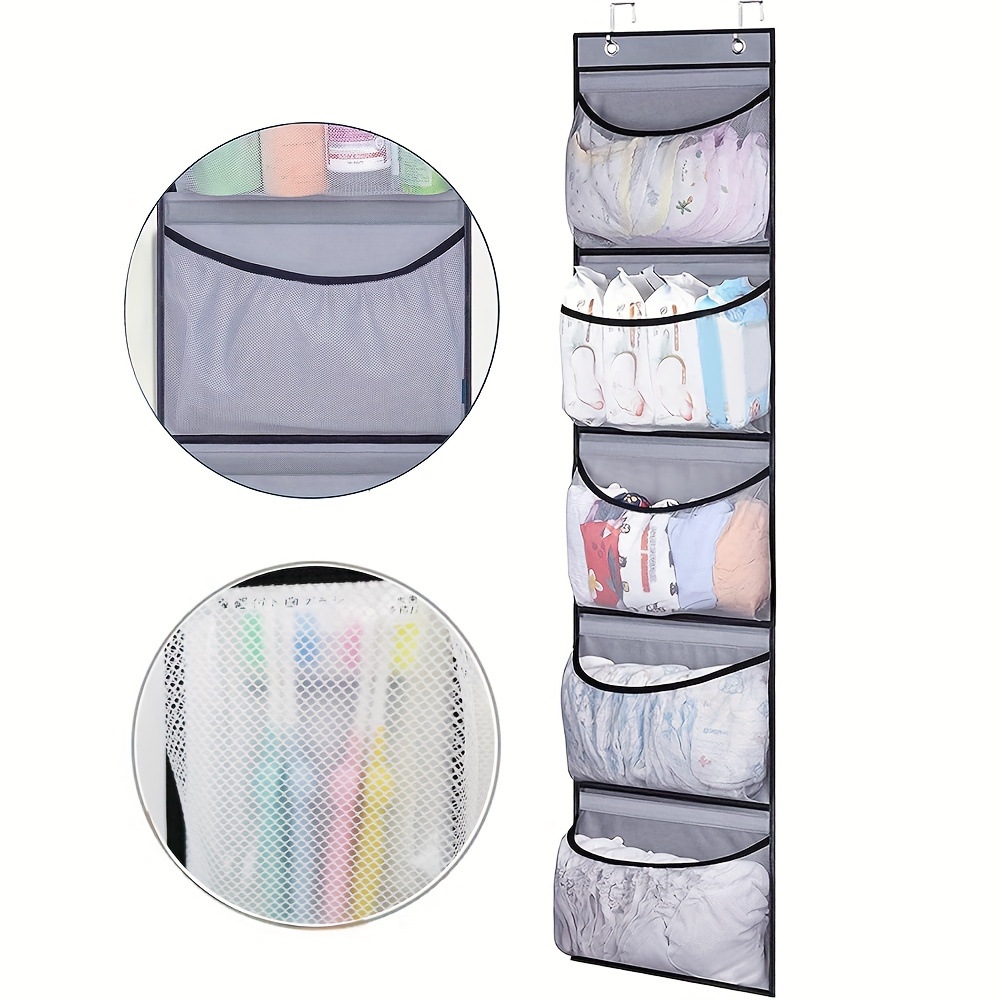 

1 Hanging Storage Bag, Large Capacity , With 5 Transparent Pockets, , Suitable For 's Clothing, Toys, Diapers, Shoes, Home Dormitory, Toy Socks, Miscellaneous Storage, Gray, With 2 Hooks