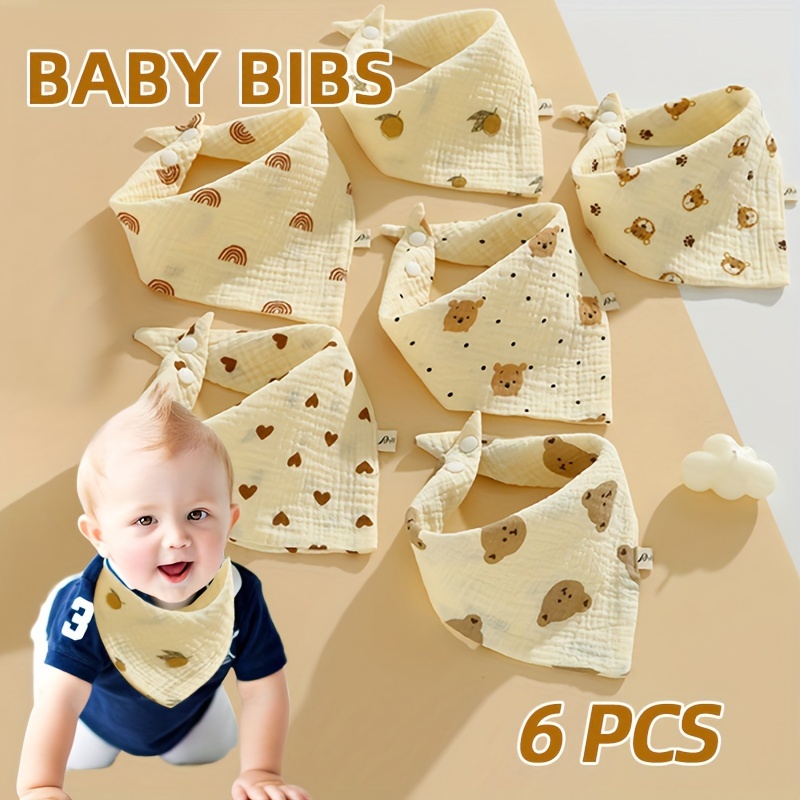 

6pcs Bib Set - Soft Cotton, Snap Closure, Design For