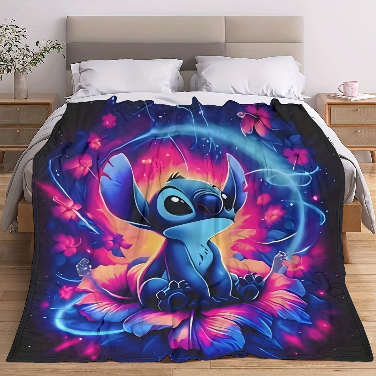 

1pc Stitch Anime Flannel Printed Throw Blanket, Hypoallergenic Polyester, Soft And Warm, Contemporary Style, With Digital Printing, Machine Washable, For Multipurpose