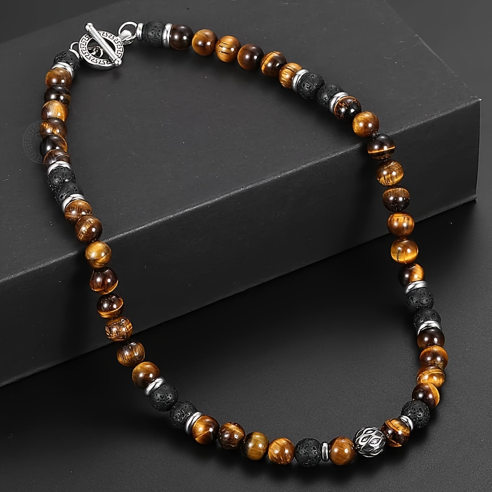 

Natural Stone Mixed Lava Bead Necklace For Men Women Stainless Steel Bead Charm Toggle Clasp Fashion Jewelry