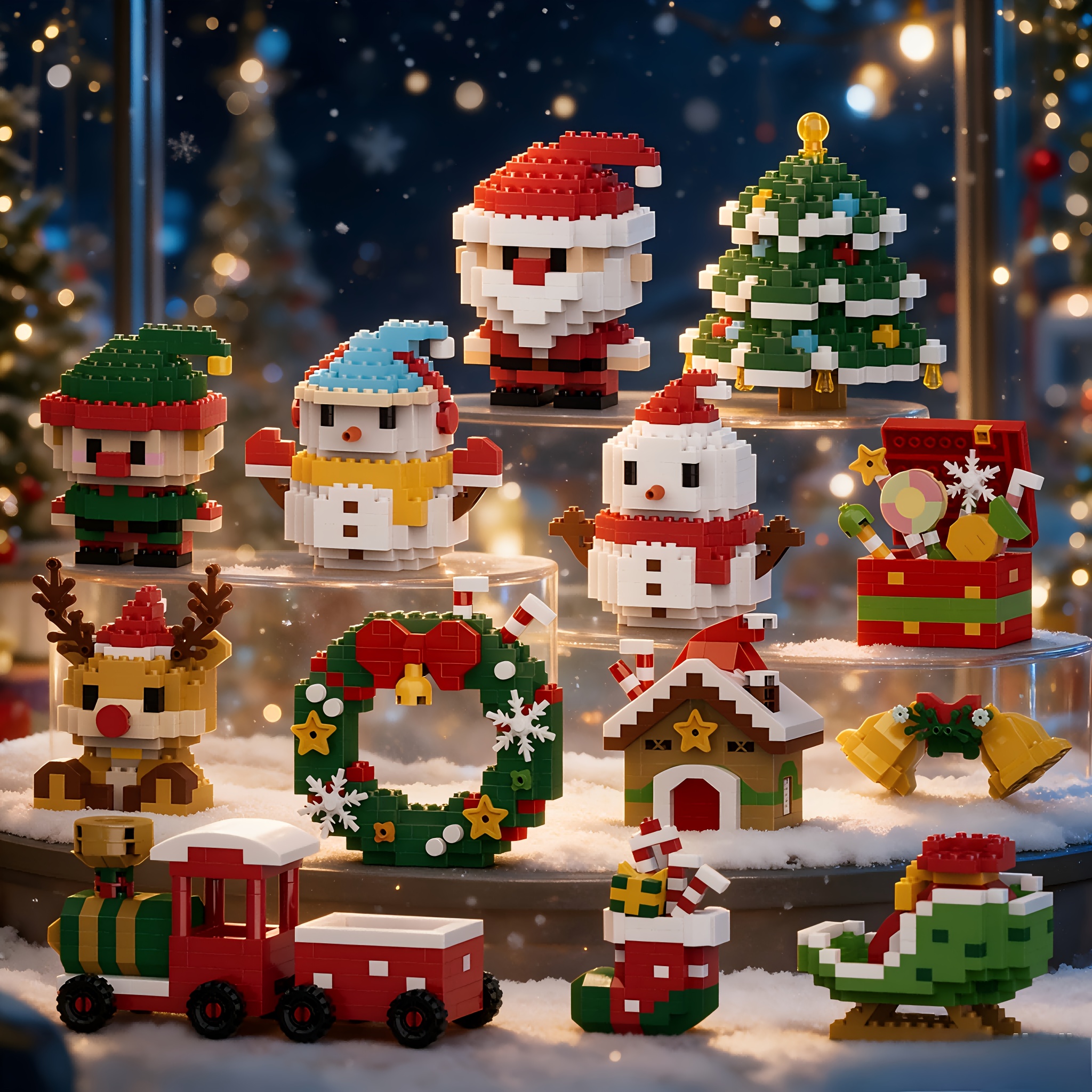 TEMU Mini Lot de de Construction de Noël, Ensemble de 12 Pièces, Inclut Père Noël, de Neige, Renseau, Maison de Noël, Sapin de Noël, Train de Noël,