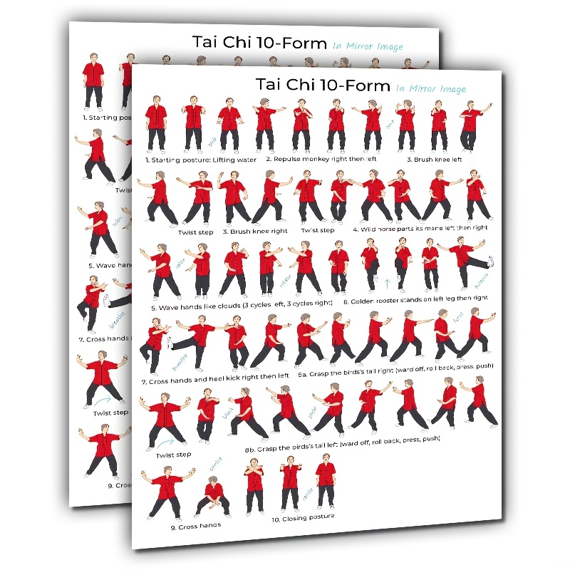 E-shop 2 Stück Tai Chi 10-Form Poster - geeignet für Meditation, Yoga & -Training - Schritt-für-Schritt Anleitungstabelle mit traditionellen