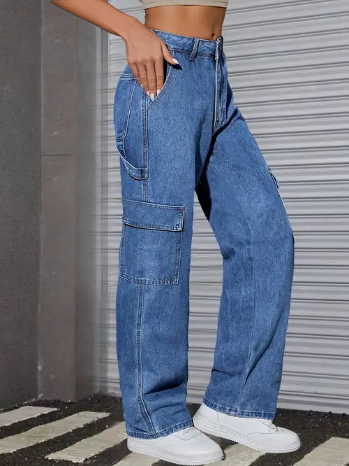 Grey Flap Pockets Cargo Pants, Elastic Waist Straight Legs Y2K & Kpop Style  Denim Pants, Women's Denim Jeans & Clothing
