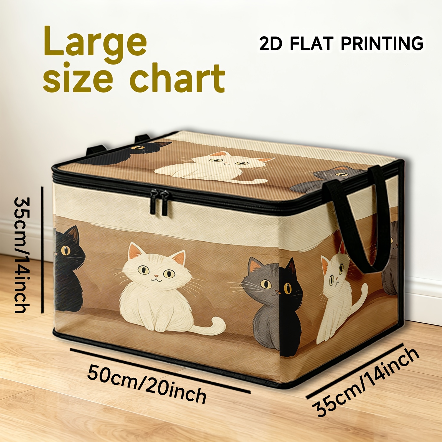 TEMU 1pc Gentle Style Cartoon Black And White Cat Storage Box, Foldable With Zipper - Rectangular Organizer, Large Capacity Storage Container,