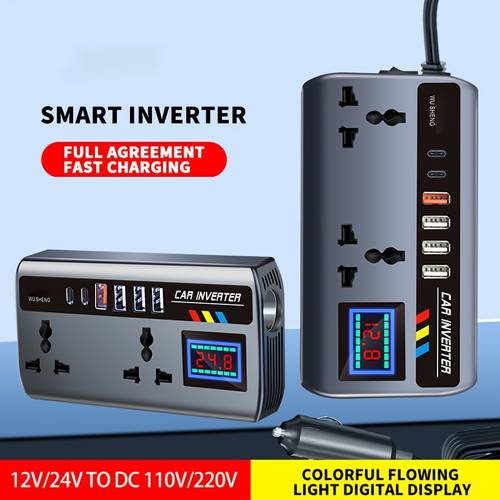 universal 12v 24v car power inverter with 4 usb ports 2 type c port qc3 0 fast charging digital voltage display intelligent fast charging high power transformer car plug for cars trucks suvs