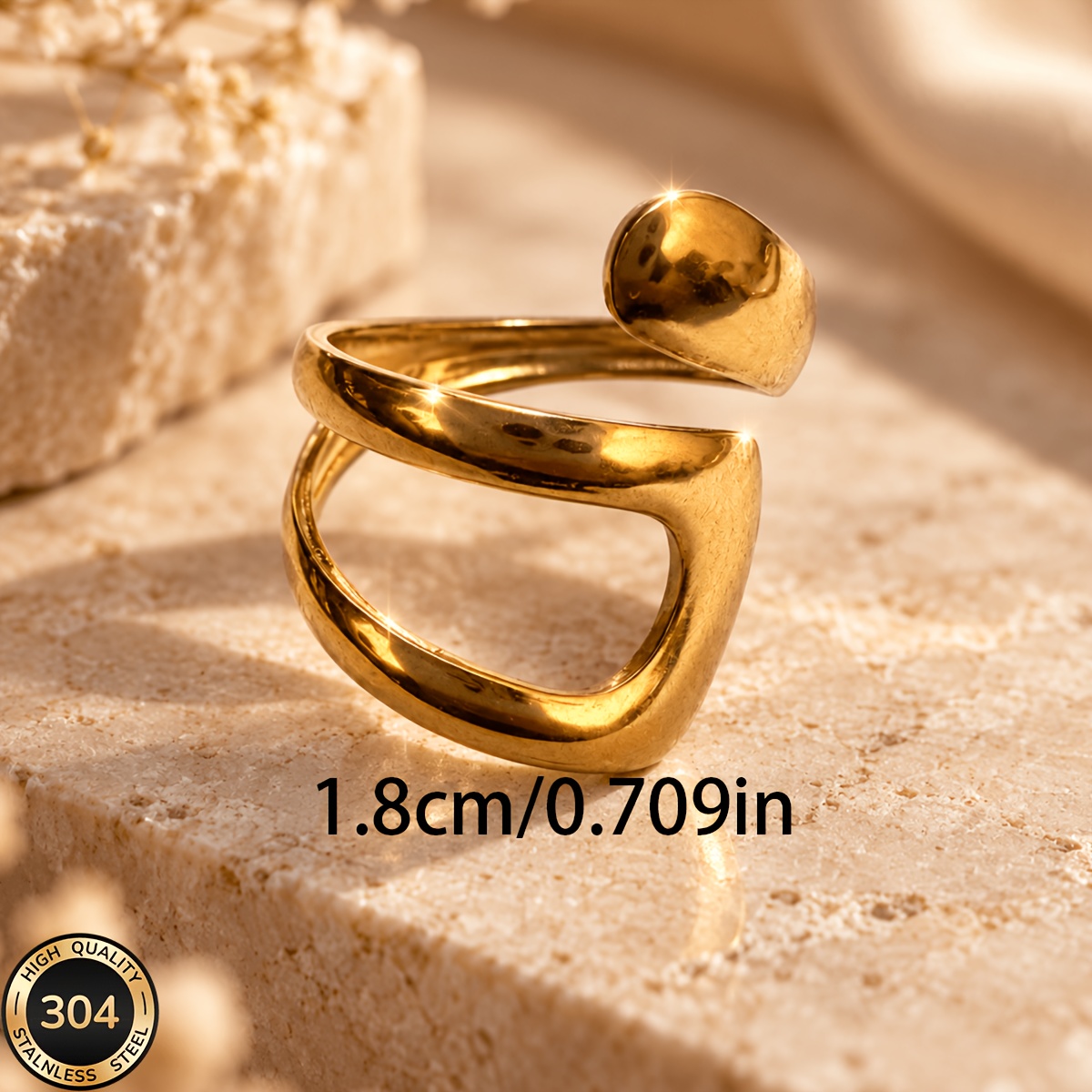 18K Gold-Plated Stainless Steel Open-End Ring, Delicate Style