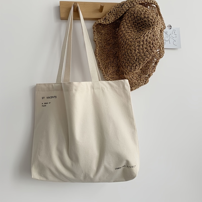 Image of 1pc Women's Casual Canvas Tote Bag - Lightweight Large Capacity Student Book Bag With Top Handle, For College, Shopping & Daily Use, Bookbag For School, Natural Textured Fabric