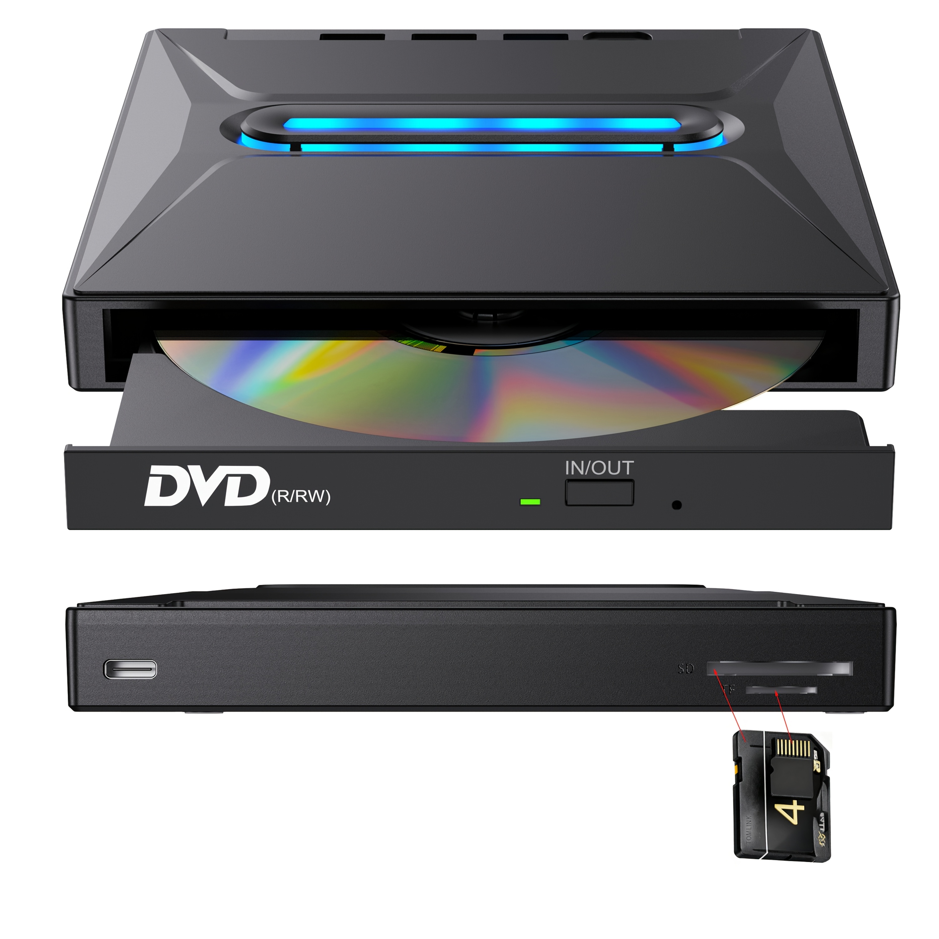TEMU New Luminous External Cd Dvd Drive, Usb 3.0 Type-c Portable Cd/dvd +/-rw Burner With 3 Usb Ports, Tf/sd Card Reader, Compatible With Laptop
