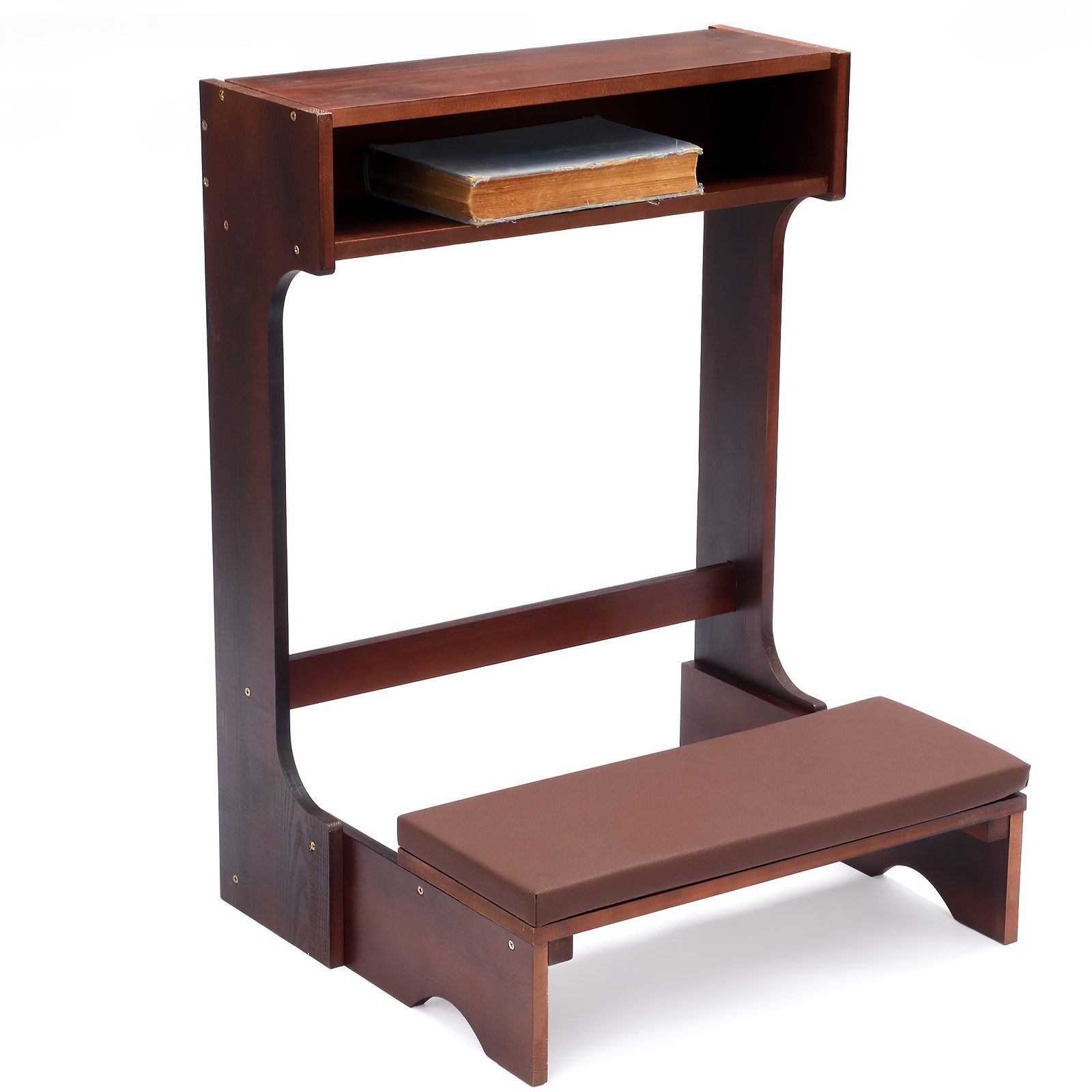 A Sturdy Wooden Prayer Stool Featuring a Shelf And Cushion, Ideal for Church Use Or Home Kneeling. This Padded Kneeler Measures 23 by 20 by 31 Inches And Makes a Thoughtful Religious Gift