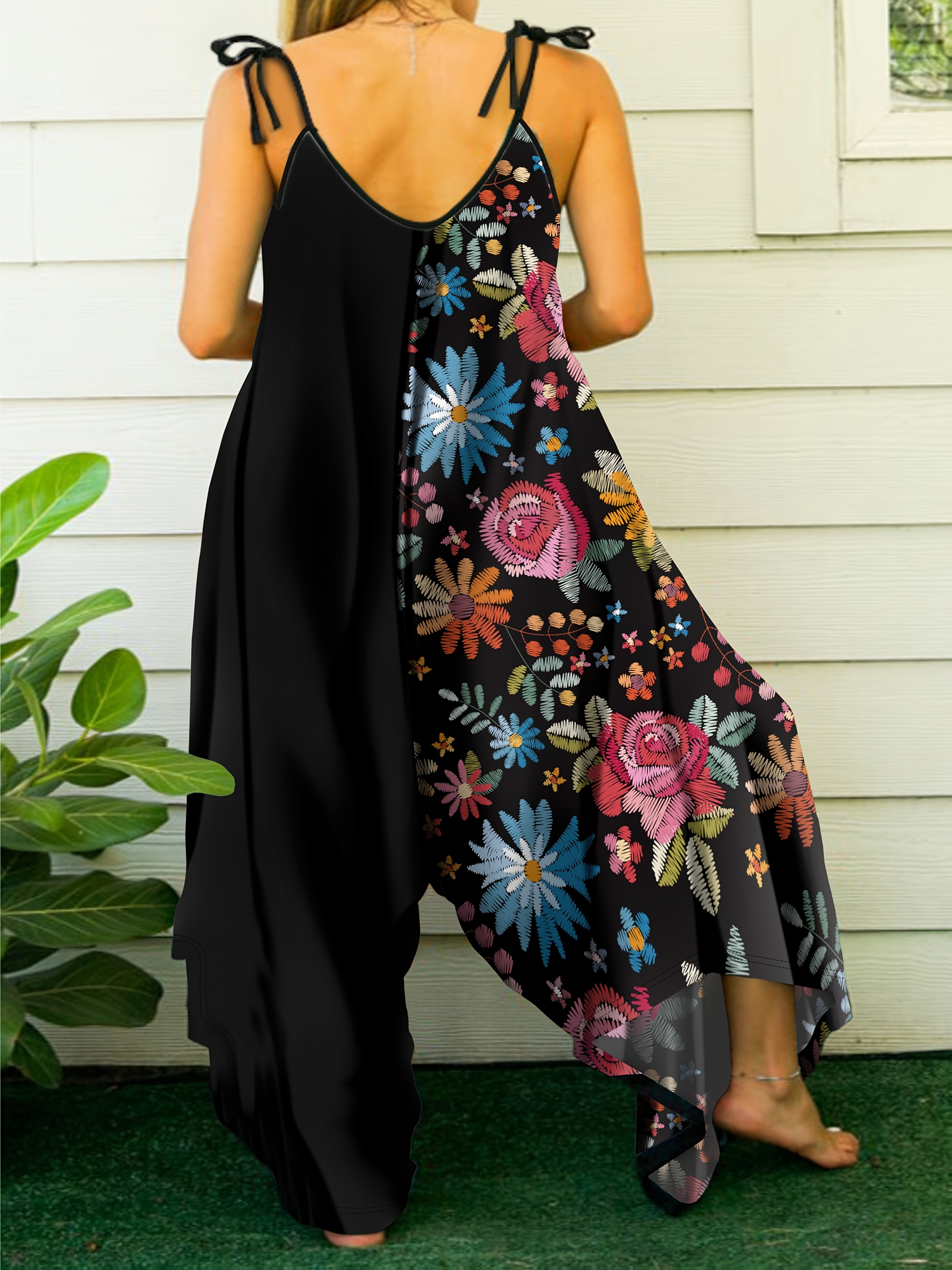 women's plus size floral print slingback jumpsuit polyester