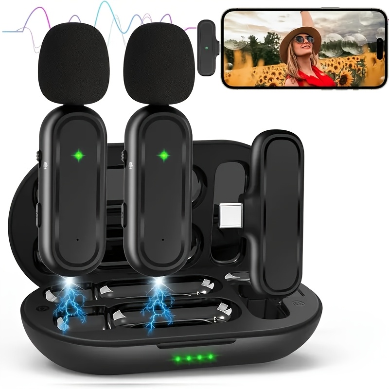 Wireless lapel microphones with charging case for recording, YouTube, and live streaming