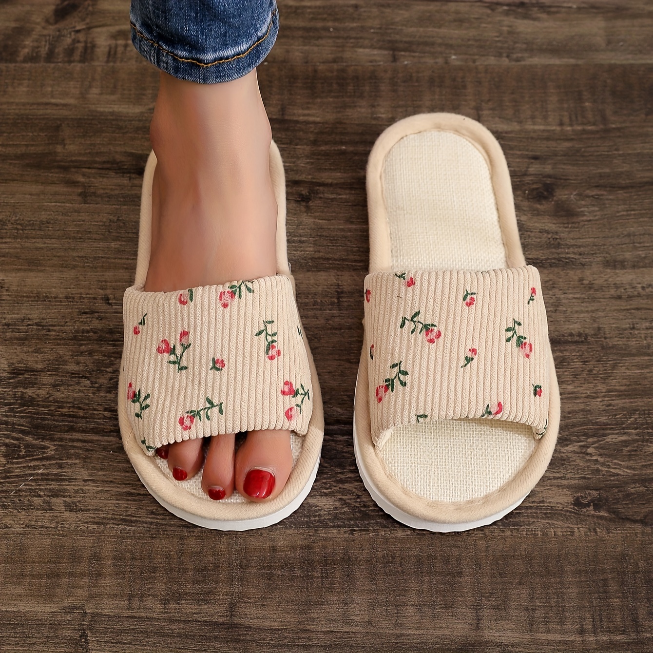

Flower Pattern Slippers, Casual Open Toe Linen Sole Shoes, Comfortable Indoor Home Slippers