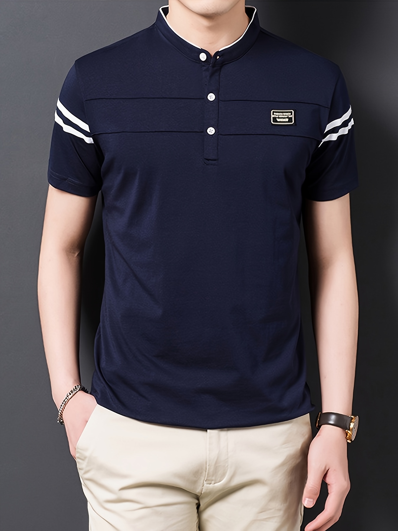 Summer Men's T-Shirt, Solid Color Stand Collar Striped Short Sleeve Shirt, Suitable for Sports, Outdoor, Casual
