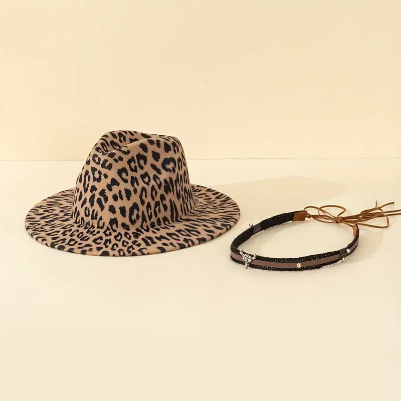 unisex leopard print hat with detachable bull head brown faux leather rivet detail vintage fashion flat brim felt hat all season accessory ideal for daily outings outdoor leisure sun protection festive gifts party fashion details 5