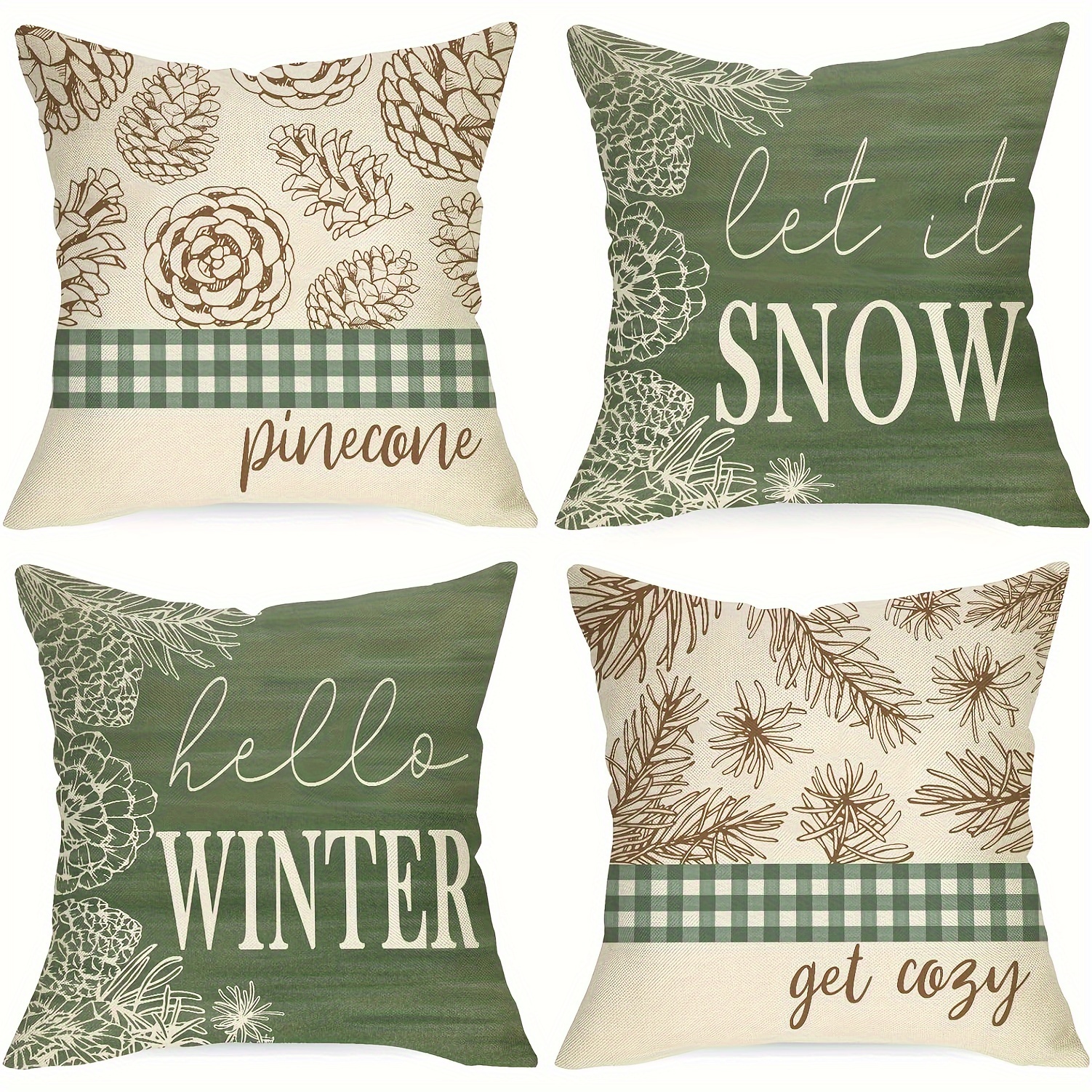 

4-piece Hello Winter Pine Cone Throw Pillow Covers 18x18" - Let It Snow & Green Buffalo Plaid Design, Linen Blend, Zip Closure - Perfect For Farmhouse Christmas Decor