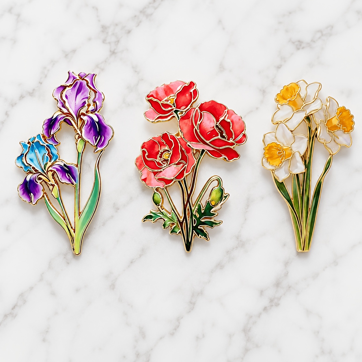 TEMU 3pcs Set Of Colorful Floral Enamel Painted Badges: Iris, Red Flower, And Daffodil Branch Lapel Accessories, Creative Matching For Outerwear,