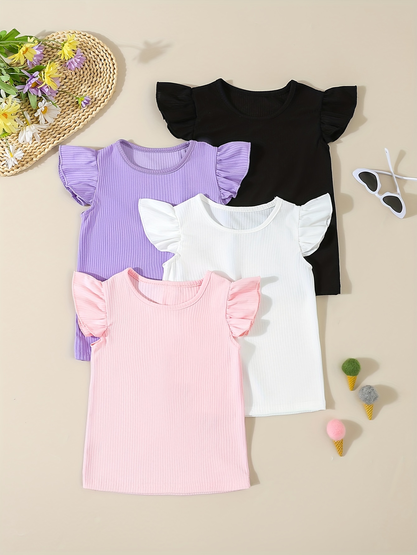 4pcs Girls' Short Sleeve Puff Sleeve Easy Versatile Top – Chic Summer Set
