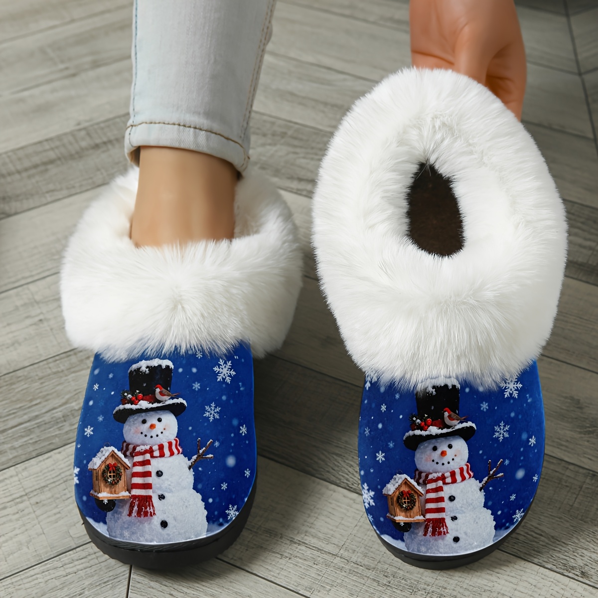 Women's Cozy Winter Snowman Slippers with Plush -Like Collar & TPR Sole - Red & White Snowflake House Shoes, Easy Slip-On Indoor/Outdoor Booties, Christmas Gift (Hand Washable, Multi-Color Options)