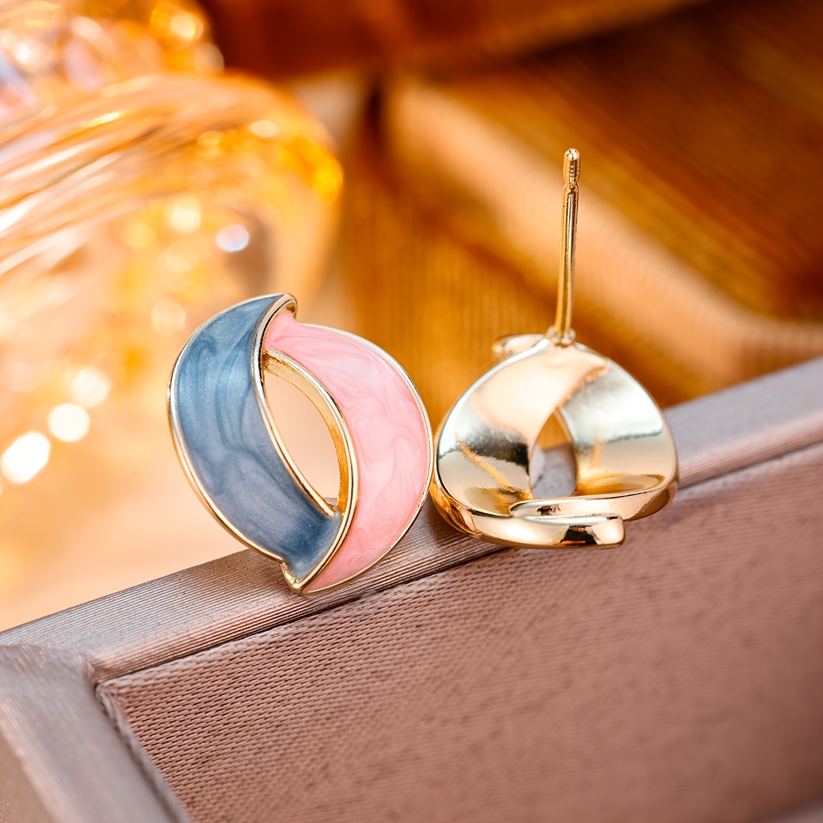 Women's Classic Two-Tone Moon Stud Earrings with Synthetic Zirconia