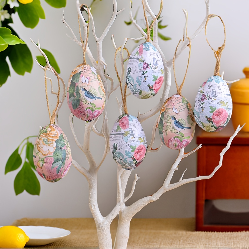 

6pcs, Easter Egg Decorations, Creative Easter Scene Woven Basket Color Egg Ornaments, Easter Egg Woven Basket Display