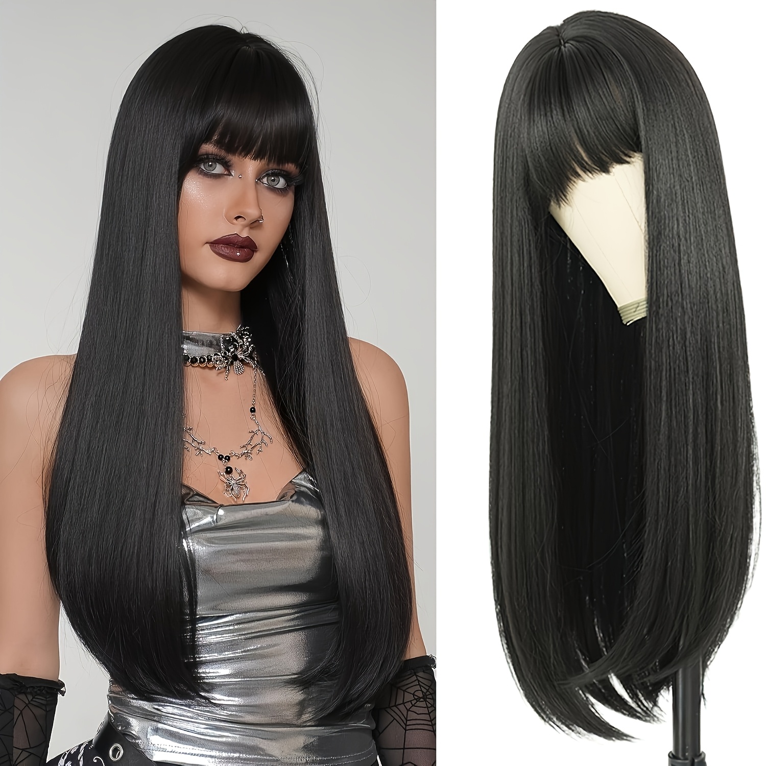 Image of A Daily Wig Suitable For Everyone, Black Long Hair With Straight Hair And Bangs, Fashionable Cosplay For Girls, , Holiday, Natural Fluffy Wig Halloween Wigs