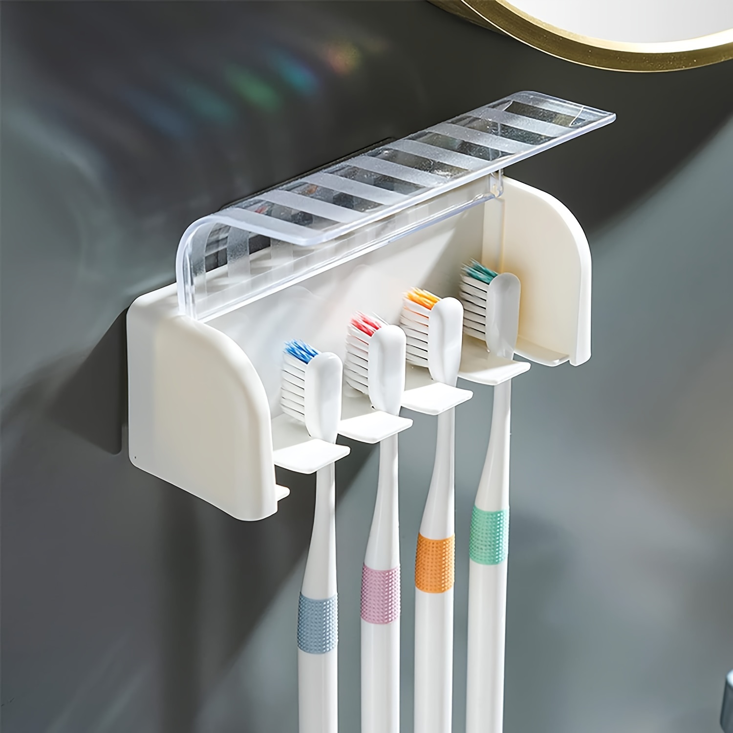 

1pc 5-slot Toothbrush Holder With Lid, Self-adhesive Toothbrush Storage Organizer, Perfect For Dorm Bathrooms And Showers, Can Hold 5 Toothbrushes