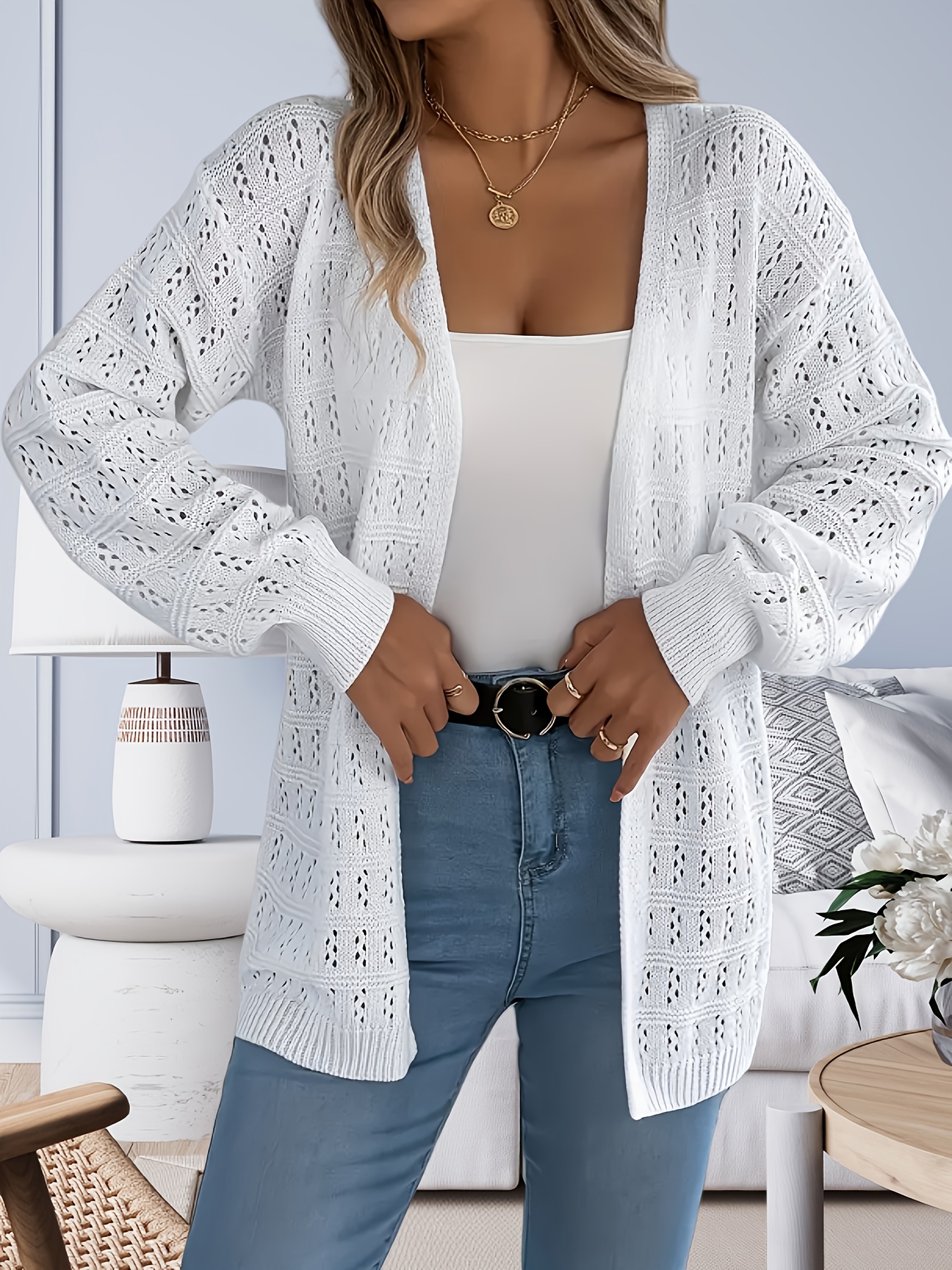 womens chic white crochet cardigan v neck long sleeves Temu Cyprus