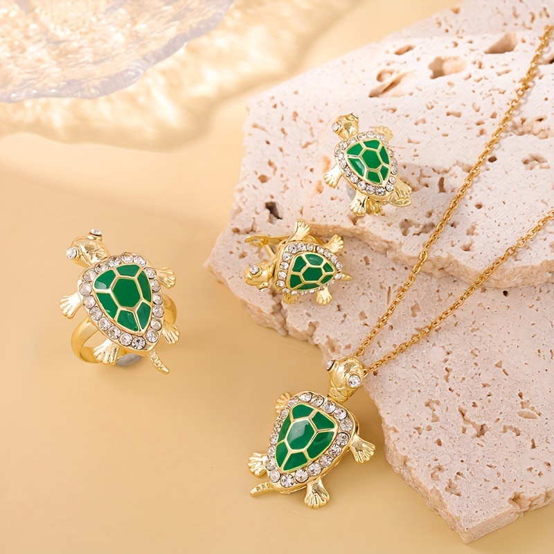 

4-piece Set Of Sea Turtle Limbs Movable Earrings, Necklace, Ring Set With 14k Gold Plating, Turtle Home, Cute Beach Ocean Jewelry, For Teenagers And Girls