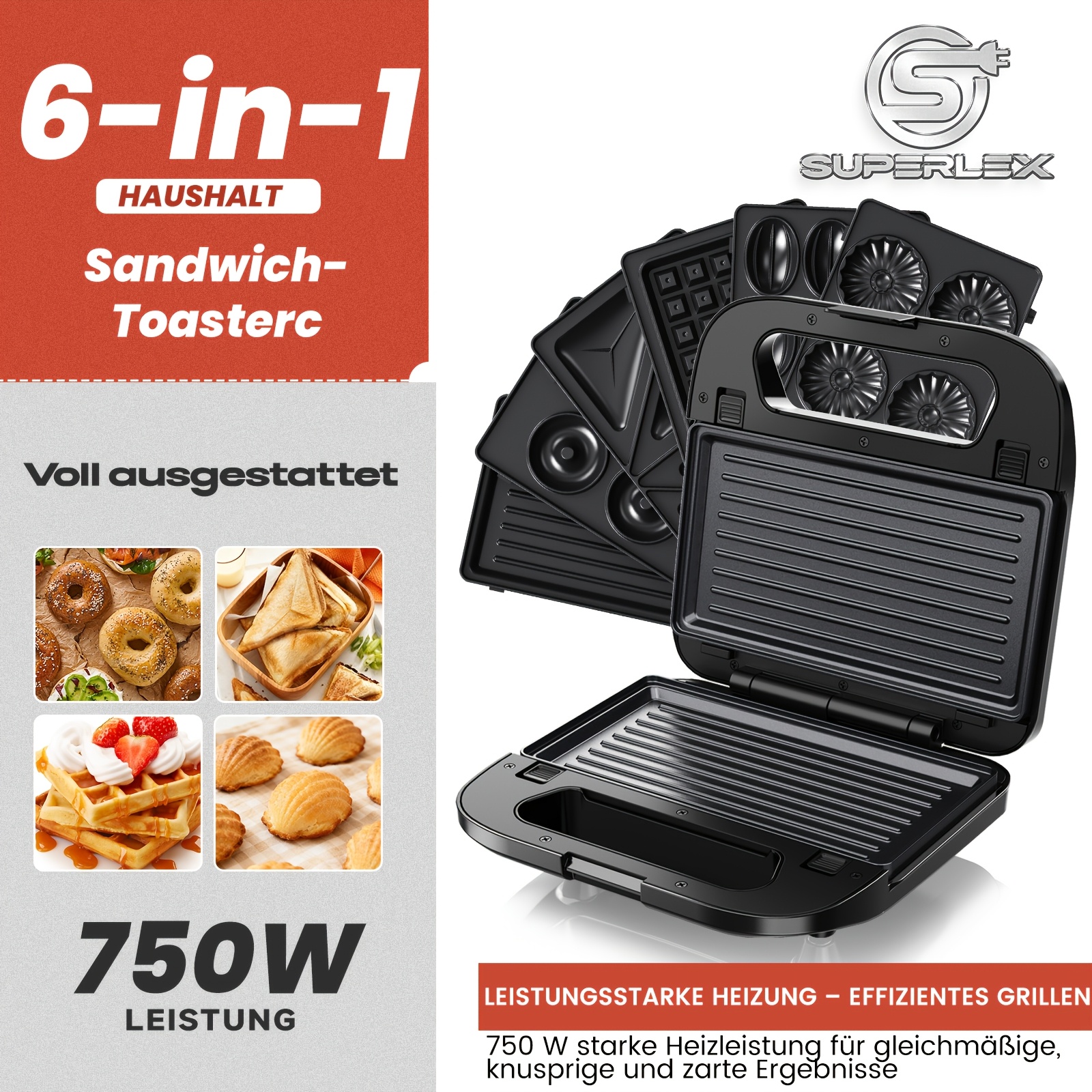 Superlex 6-in-1 Multifunction Sandwich Maker 750w | | 6 Plates | Automatic Temperature Control | Easy-clean