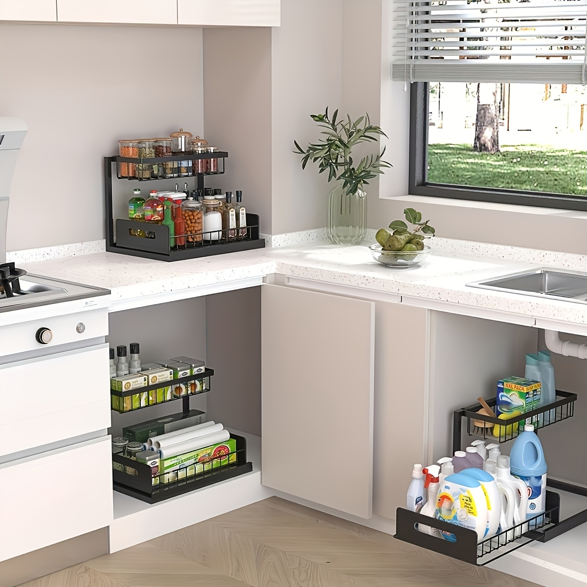 2pcs set kitchen storage rack sink sorting and storage lower sink sorting sliding pull out cabinet sorting rack metal sliding drawer for kitchen bathroom refrigerator cabinet organization rack simple and practical kitchen details 4